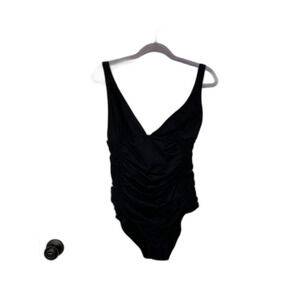 DKNY Black Ruched Sides V-Neck One Piece Swimsuit Size 14